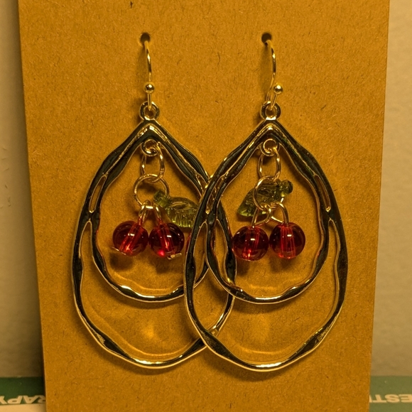 Gold Cherry Drop Earrings - Picture 2 of 2